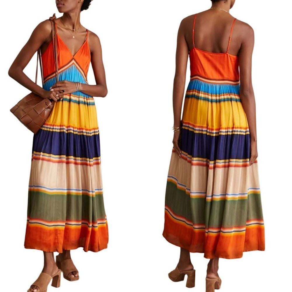 Anthropologie Tanvi Kedia V-Neck Colorblock Midi Dress M Sleeveless Tiered Pleat